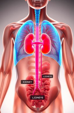 A detailed anatomical illustration of the human body highlighting the lungs and kidneys