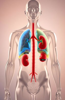 A detailed anatomical illustration of the human body highlighting the lungs and kidneys