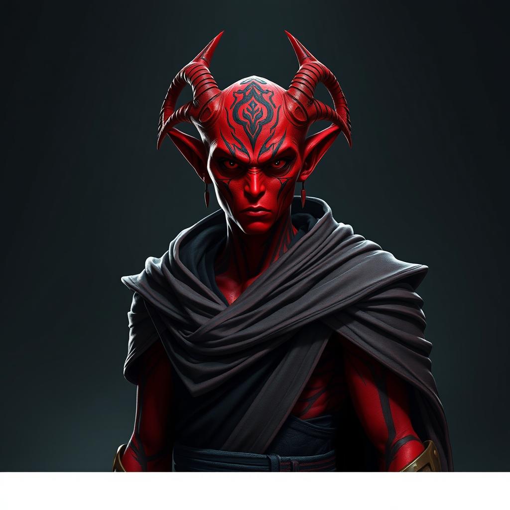 A male Togruta character with striking red skin, wearing an intimidating Sith cape