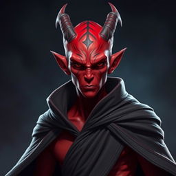 A male Togruta character with striking red skin, wearing an intimidating Sith cape