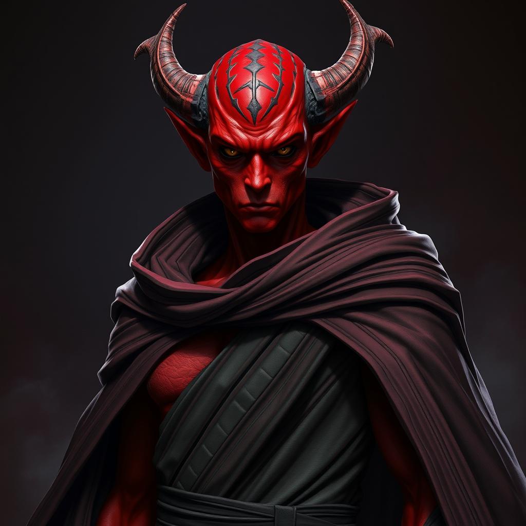 A male Togruta character with striking red skin, wearing an intimidating Sith cape