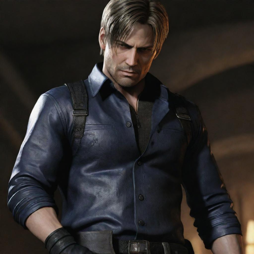 Leon S. Kennedy dressed in his attire from Resident Evil 6, but with his face from the Resident Evil 4 remake