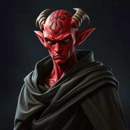 A male Togruta character with striking red skin, wearing an intimidating Sith cape