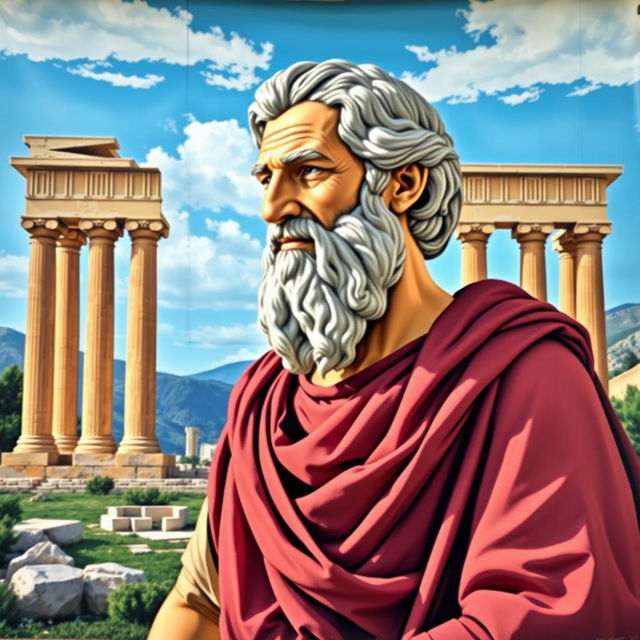 A conceptual representation of Plato, the ancient Greek philosopher, depicted on a wall mural