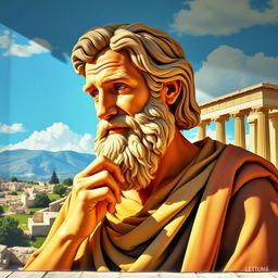 A conceptual representation of Plato, the ancient Greek philosopher, depicted on a wall mural