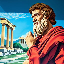 A conceptual representation of Plato, the ancient Greek philosopher, depicted on a wall mural