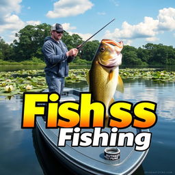 A captivating thumbnail image featuring a fisherman catching a large bass fish in a calm lake setting