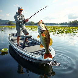 A captivating thumbnail image featuring a fisherman catching a large bass fish in a calm lake setting