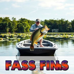 A captivating thumbnail image featuring a fisherman catching a large bass fish in a calm lake setting