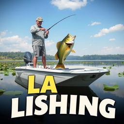 A captivating thumbnail image featuring a fisherman catching a large bass fish in a calm lake setting