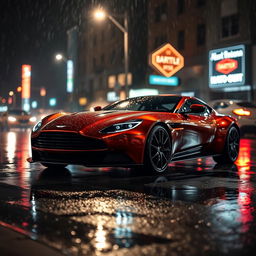 A stunning Aston Martin One-77 parked under the rain at night, vividly showcasing its sleek and elegant design