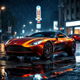 A stunning Aston Martin One-77 parked under the rain at night, vividly showcasing its sleek and elegant design