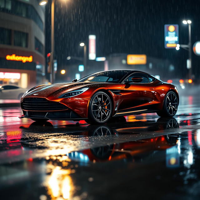 A stunning Aston Martin One-77 parked under the rain at night, vividly showcasing its sleek and elegant design