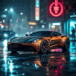 A stunning Aston Martin One-77 parked under the rain at night, vividly showcasing its sleek and elegant design