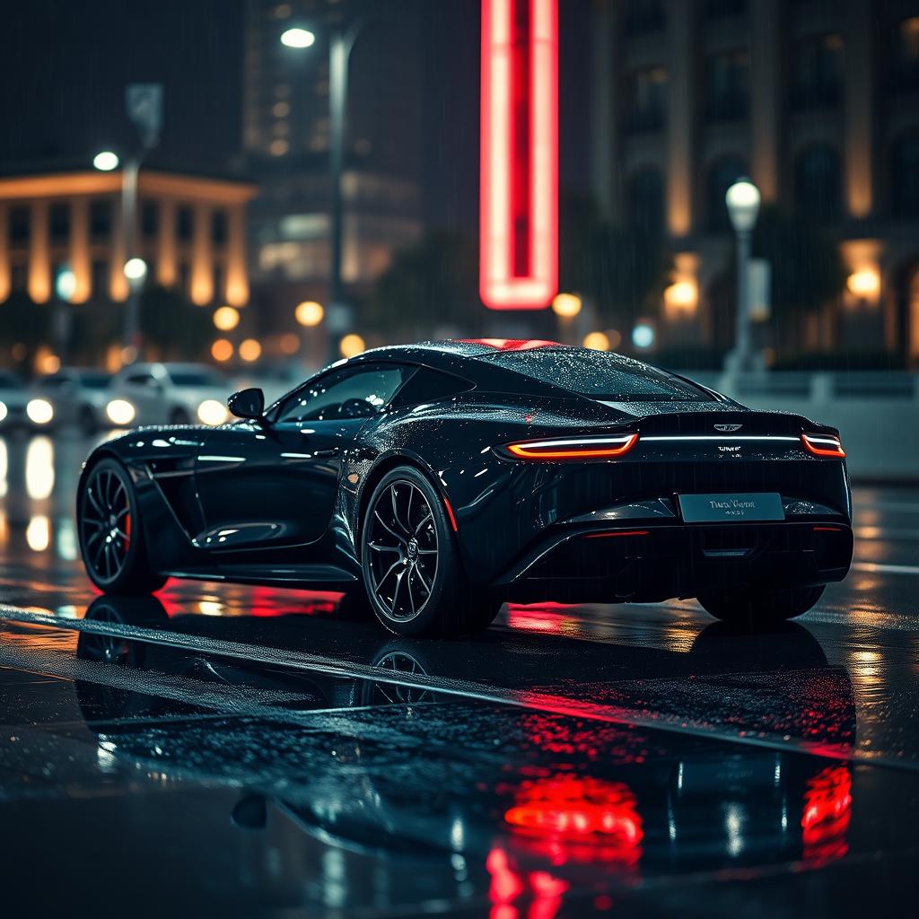 A stunning black Aston Martin One-77 captured in a rainy night scene, viewed from the profile