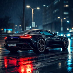 A stunning black Aston Martin One-77 captured in a rainy night scene, viewed from the profile