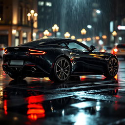 A stunning black Aston Martin One-77 captured in a rainy night scene, viewed from the profile