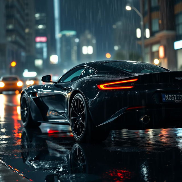 A stunning black Aston Martin One-77 captured in a rainy night scene, viewed from the profile