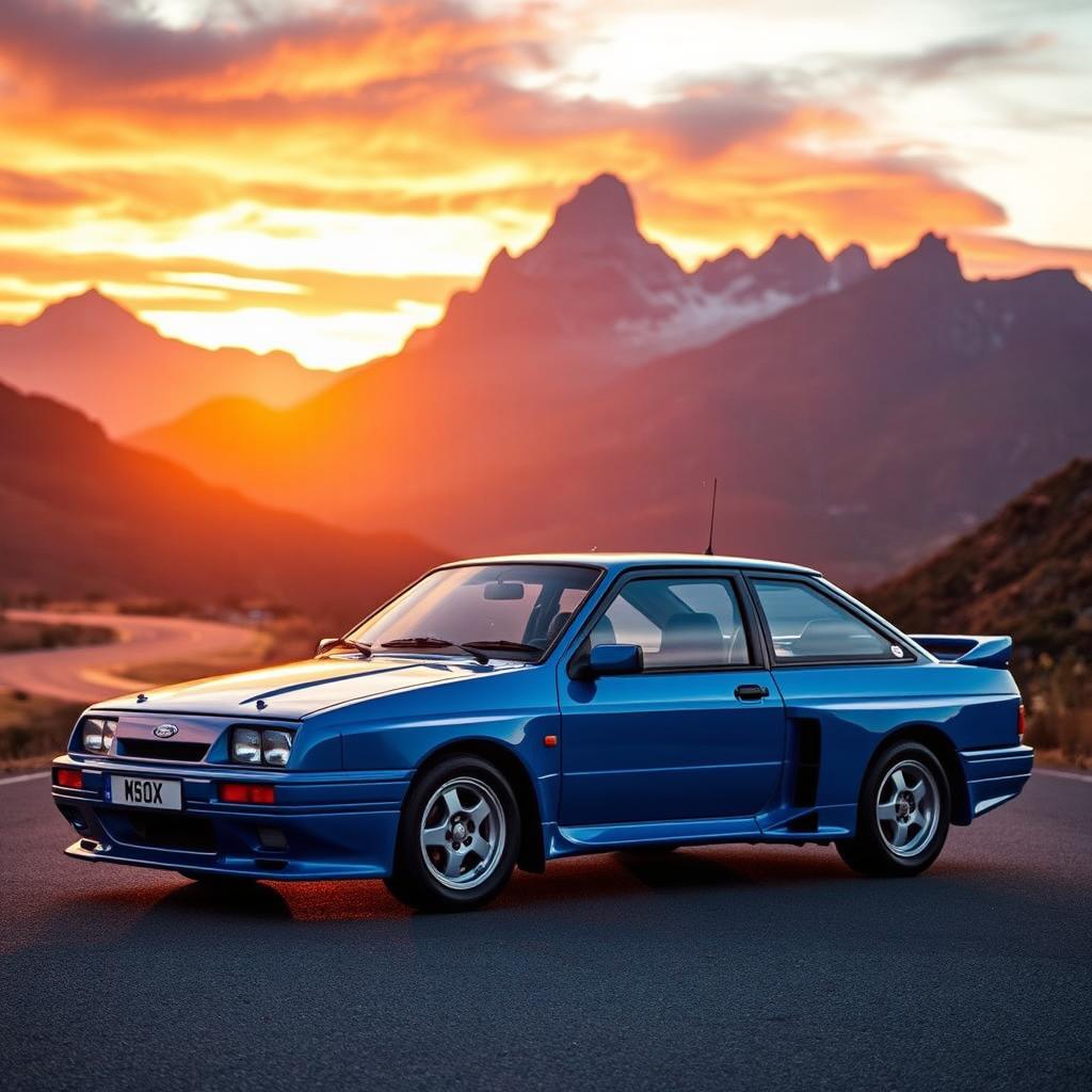 A stunning Ford Sierra Cosworth parked on a scenic mountain road during sunset