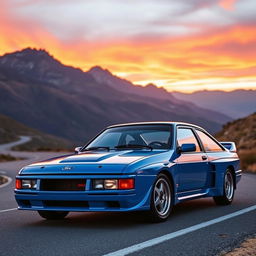 A stunning Ford Sierra Cosworth parked on a scenic mountain road during sunset