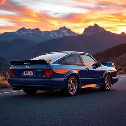 A stunning Ford Sierra Cosworth parked on a scenic mountain road during sunset