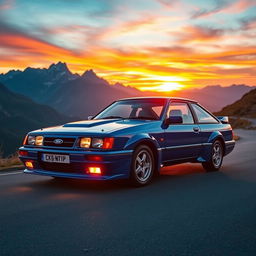 A stunning Ford Sierra Cosworth parked on a scenic mountain road during sunset