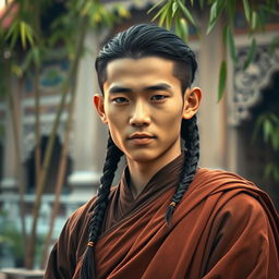 A young Asian male monk with long hair styled in a neat braid, wearing traditional monastic robes