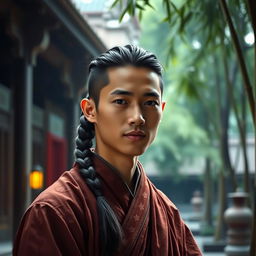 A young Asian male monk with long hair styled in a neat braid, wearing traditional monastic robes