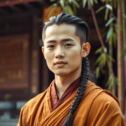 A young Asian male monk with long hair styled in a neat braid, wearing traditional monastic robes