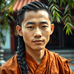 A young Asian male monk with long hair styled in a neat braid, wearing traditional monastic robes