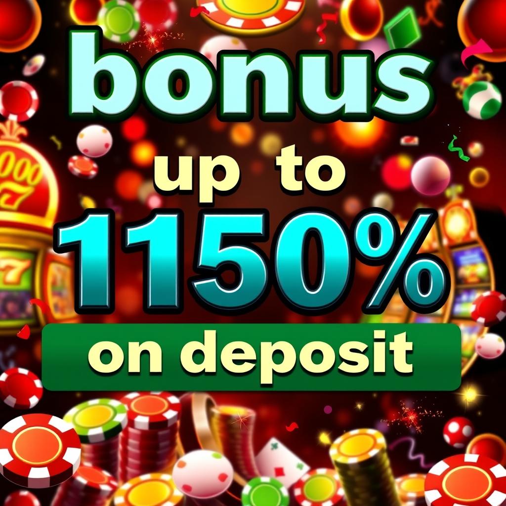 Design a vibrant and flashy casino bonus advertisement featuring the text 'bonus up to 150% on deposit'