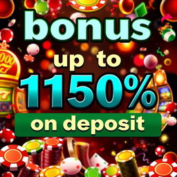 Design a vibrant and flashy casino bonus advertisement featuring the text 'bonus up to 150% on deposit'