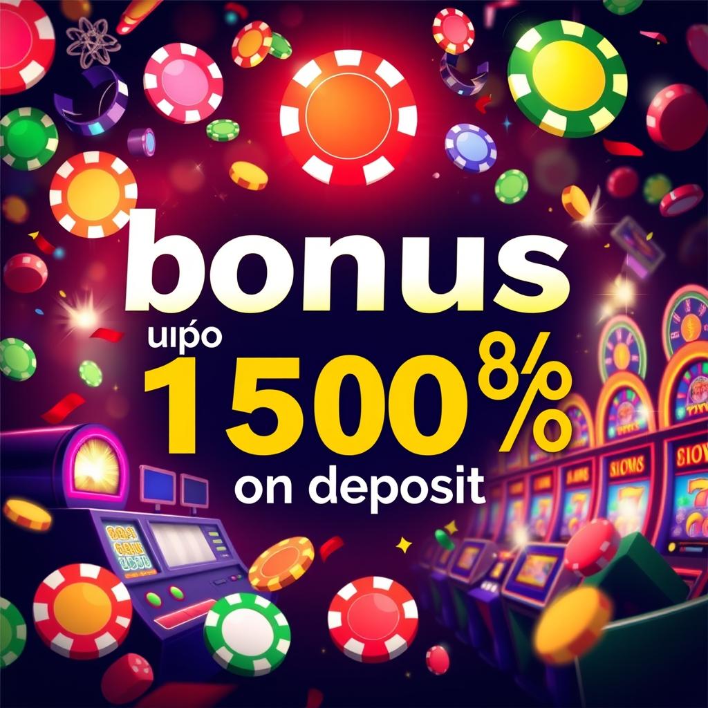 Design a vibrant and flashy casino bonus advertisement featuring the text 'bonus up to 150% on deposit'