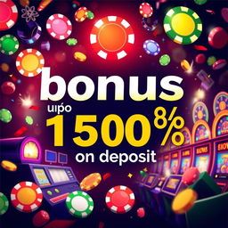 Design a vibrant and flashy casino bonus advertisement featuring the text 'bonus up to 150% on deposit'