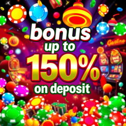 Design a vibrant and flashy casino bonus advertisement featuring the text 'bonus up to 150% on deposit'