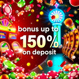 Design a vibrant and flashy casino bonus advertisement featuring the text 'bonus up to 150% on deposit'