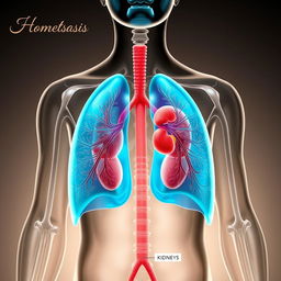 A detailed anatomical illustration of the human body highlighting the lungs and kidneys, incorporating the title 'Homeostasis' at the top in an elegant font