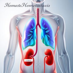 A detailed anatomical illustration of the human body highlighting the lungs and kidneys, incorporating the title 'Homeostasis' at the top in an elegant font