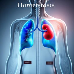 A detailed anatomical illustration of the human body highlighting the lungs and kidneys, incorporating the title 'Homeostasis' at the top in an elegant font