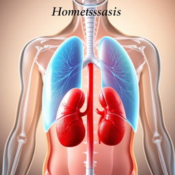 A detailed anatomical illustration of the human body highlighting the lungs and kidneys, incorporating the title 'Homeostasis' at the top in an elegant font