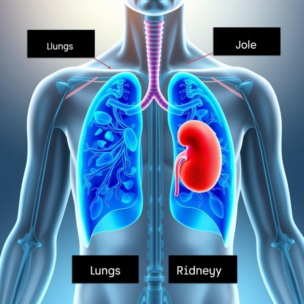 A detailed anatomical illustration of the human body highlighting the lungs and kidneys, with the kidneys positioned a small distance away from the lungs to emphasize their relative positions