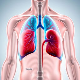 A detailed anatomical illustration of the human body highlighting the lungs and kidneys, with the kidneys positioned a small distance away from the lungs to emphasize their relative positions