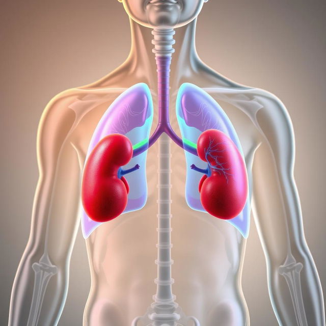 A detailed anatomical illustration of the human body highlighting the lungs and kidneys, with the kidneys positioned a small distance away from the lungs to emphasize their relative positions