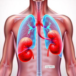 A detailed anatomical illustration of the human body highlighting the lungs and kidneys, with the kidneys positioned a small distance away from the lungs to emphasize their relative positions