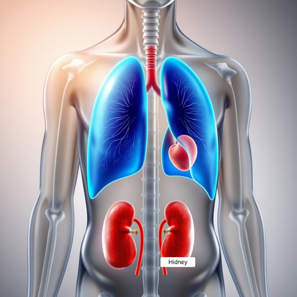 A detailed anatomical illustration of the human body highlighting the lungs and kidneys, clearly depicting their respective locations