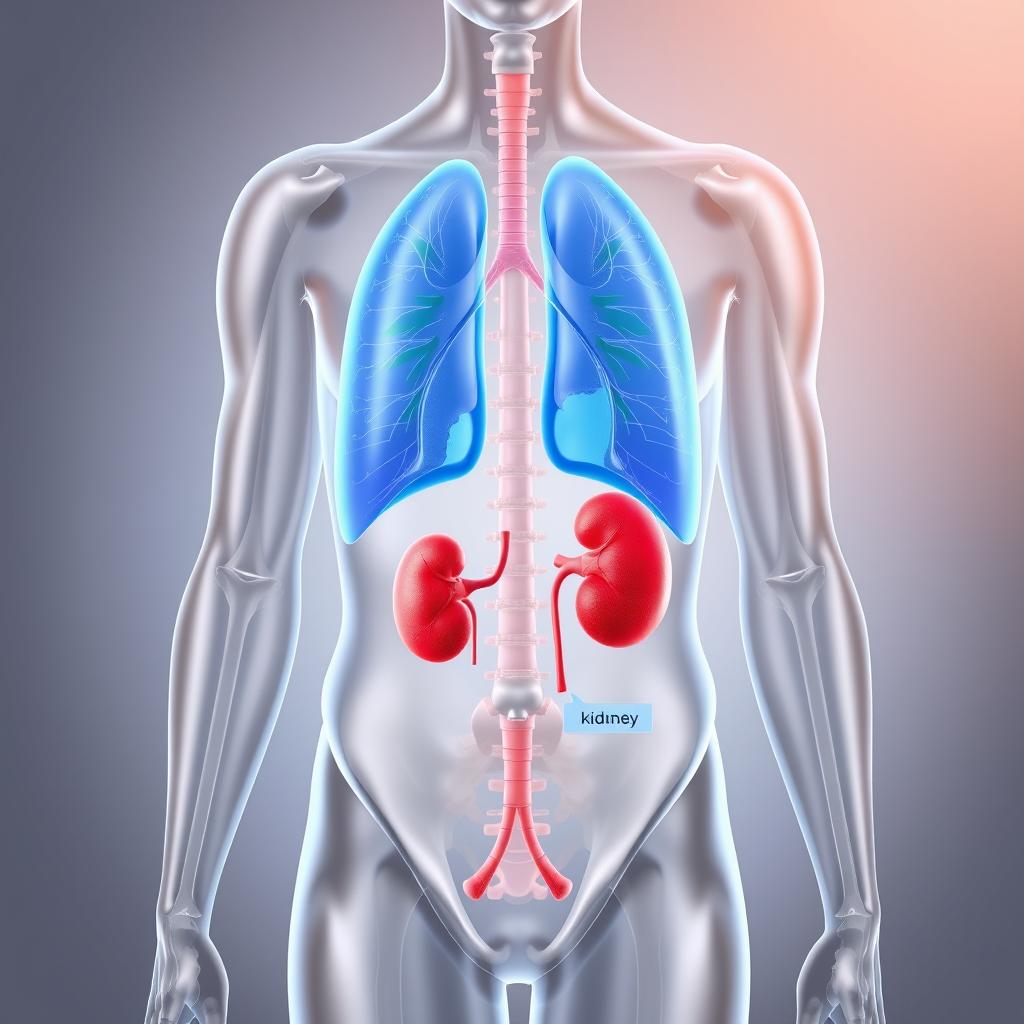 A detailed anatomical illustration of the human body highlighting the lungs and kidneys, clearly depicting their respective locations