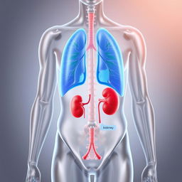 A detailed anatomical illustration of the human body highlighting the lungs and kidneys, clearly depicting their respective locations