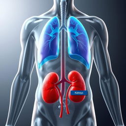 A detailed anatomical illustration of the human body highlighting the lungs and kidneys, clearly depicting their respective locations