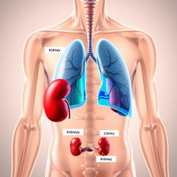 A detailed anatomical illustration of the human body highlighting the lungs and kidneys, clearly depicting their respective locations