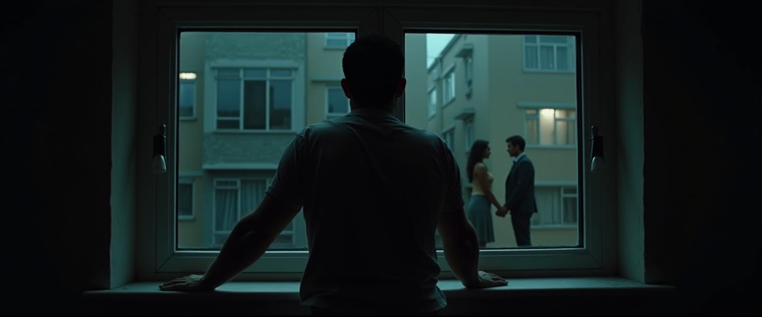 A chilling horror movie poster depicting a man standing with his back to the viewer, peeping through a darkened apartment window